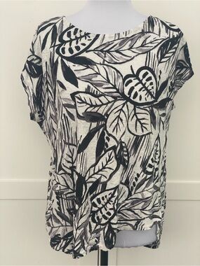 Tahari Luxe Linen Tropical Leaf Black Ivory Short Cap Sleeve Breathable Shirt XL